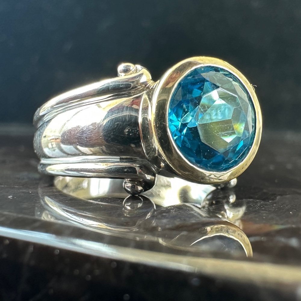 Awesome Vintage Ecclissi Two Tone 925 Sterling Silver Blue Topaz Ring Sz 7
